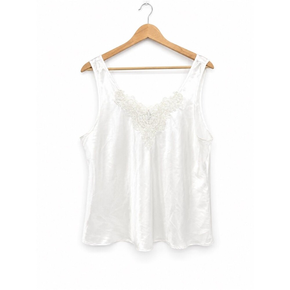Enchanting White Satin Lace Trim Camisole Tank Top Size XL 18 Lingerie Sleepwear